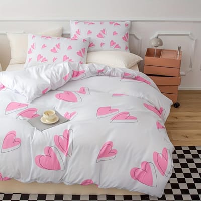 3-delige Beddengoedset met Ritssluiting Rood Hart Dekbedovertrek Queen Liefde Hart Patroon Wit Dekbedovertrek Set Schattige Print AU Single(140x210cm)