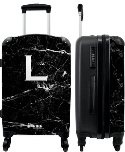 NoBoringSuitcases.com - Zwarte marmer koffer met initialen - Grote reiskoffer zwart letter L - Trolley op wieltjes 60 liter - Rolkoffer groot - Ruimbagage valies 20kg - Valiezen voor volwassenen medium - Luggage suitcase middelgroot - Bagagekoffer
