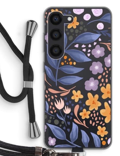 Case Company® - Hoesje met koord geschikt voor Samsung Galaxy S23 hoesje met Koord - Flowers with blue leaves - Telefoonhoesje met Zwart Koord - Bescherming aan alle Kanten en Over de Schermrand