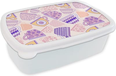 Broodtrommel Wit - Lunchbox - Brooddoos - Patronen - Theekopjes - Thee - 18x12x6 cm - Volwassenen