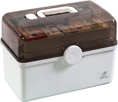 Afsluitbare medicijndoos - 3-laags organizerbox voor medicijnopslag, draagbaar met handvat (wit, XL)