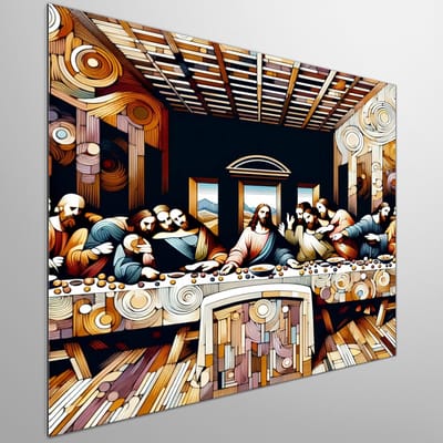 Abstract laatste avondmaal schilderij | Laatste avondmaal verweven met abstracte kleuren en vormen kunstwerk | Kunst - 30x30 centimeter op Dibond | Foto op Dibond