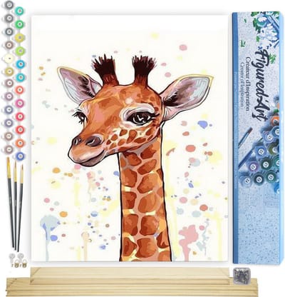 Figured'Art Schilderen op Nummer Volwassenen canvas Bruine giraffe - Handwerk acrylverf Kit DIY Compleet - 40x50cm met DIY houten lijst