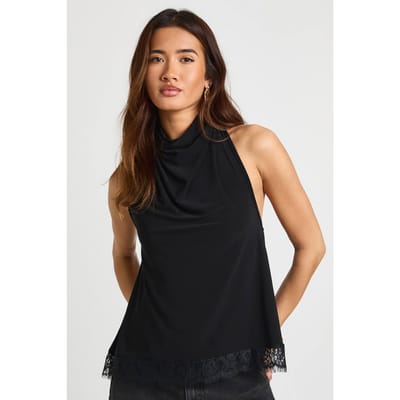 boohoo Dames Slinky Top met Waterval Halslijn en Kanten Zoom | Black | Maat: 12