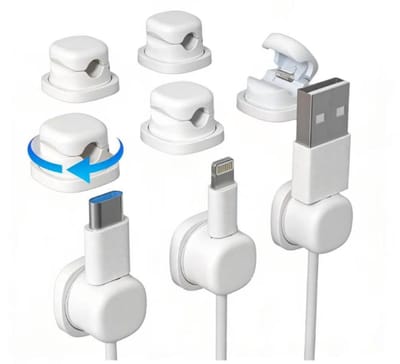 SnelShoppen - Set van 6 Witte Kabelclips - 360 Graden Draaibare Kabelhouders - Zelfklevende Opladerhouder voor Bureau, Nachtkastje, USB en Audiokabels