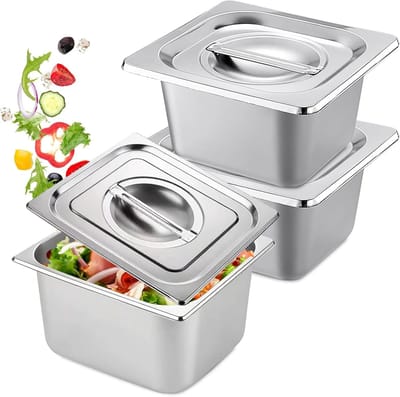 Set van 3 Hotel Pannen, 1/6 Size, 10 cm Diep, RVS Stoomtafel Pannen, Catering Keuken Accessoires, Vers Bewaarboxen