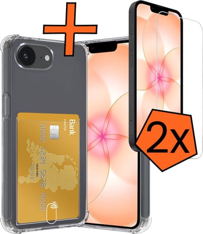 Hoes - Geschikt voor Apple iPhone 17e - Met 2x Screenprotector - Pashouder - Kaarthouder - Telefoon Hoesje Shockproof - Siliconen Case - Back Cover - Shock Proof - Pasjes Houder - Transparant