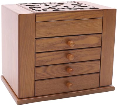 Sieradendoos – Voor dames en meisjes – 5-laags organizer met spiegel – Opbergruimte voor kettingen, ringen, oorbellen en armbanden – Kleur: lichtbruin