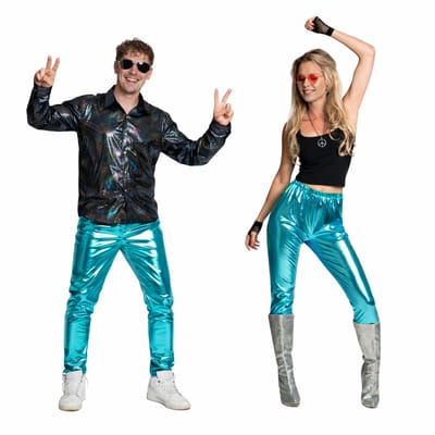 Partychimp Turquoise Legging Broek Disco Broek Heren Disco Broek Dames Disco outfit Carnavalskleding Heren Carnavalskleding Dames Carnaval Foute Party Glanzende Legging Jaren 80 & 90 Kostuum Toppers 2026 - Polyester - Turquoise - Unisex - Maat S/M