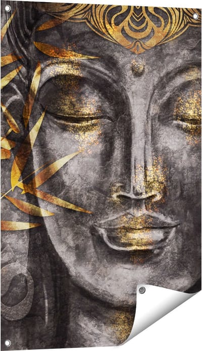 Gards Tuinposter Gouden Boeddha van Aquarel - Abstract - 60x90 cm - Tuindoek - Tuindecoratie - Wanddecoratie buiten - Tuinschilderij
