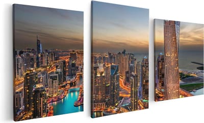 Artaza Canvas Schilderij Drieluik Dubai Haven met de Stad - 120x60 - Foto Op Canvas - Canvas Print