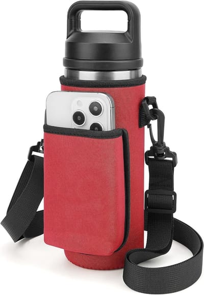 Waterflesdrager met Schouderband voor Isolerende Flessen - Geschikt voor 18oz en 20oz Flessen, Inclusief Telefooncompartiment (Rood)