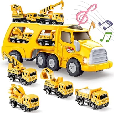 Vrachtwagen Speelgoed 5-in-1 – Autotransporter met 4 Bouwvoertuigen (Graafmachine, Mixer, Kraan, Kiepwagen) – Licht & Muziek – Inertie-aandrijving – Geschenkdoos – 2–6 jaar