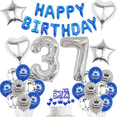 Dailygoods- Folieballon 37 Jaar - Verjaardagsdecoratieset - Blauw - Latex Ballonnen - Confetti Ballonnen - Happy Birthday Slinger - Inclusief Sierband - Verjaardagsballonnen