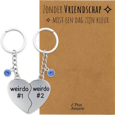 BFF Sleutelhanger voor 2 'Zonder Vriendschap mist een dag zijn kleur' - Weirdo's Hartje - Sleutelhanger set op Cadeau Kaartje - Zilverkleurig - Vriendschap Symbool - Pax Amare