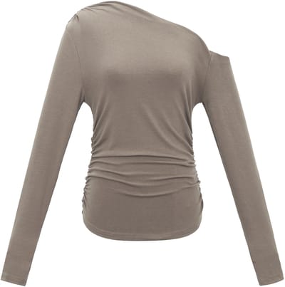 Elegante Off-Shoulder Top met Lange Mouwen – Aansluitende Dames Longsleeve van Fijngebreide Stretchstof – Stijlvolle Nauwsluitende Shirt-Top voor Elke Gelegenheid - Grijs - S