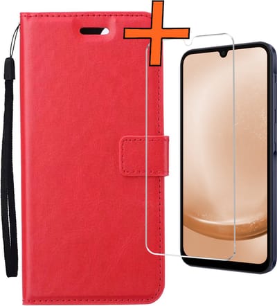Hoes - Met Screenprotector - Geschikt voor Samsung Galaxy A25 - Luxe Pasjeshouder - Bookcase Portemonee - Flip Case - Kunstleer Book Case - Flipcase - Book Cover - Walletcase - PortemonneeHoes - Rood