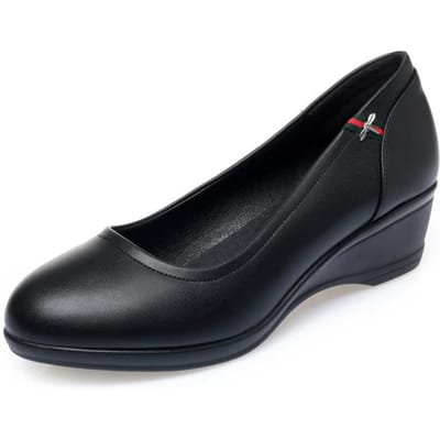 Lente Dames Schattige Stijlvolle Ronde Neus Ondiepe Mond Zwarte PU Leren Pumps Casual Comfort Wedgeshak Antislip Schoenen 42 black