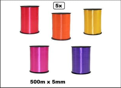 5x Krul lint mix regenboog kleuren 5 mm x 500 meter - Mix - Vernieuwd met beschermlaag om de rol - Krullint kerst thema feest decoratie kado