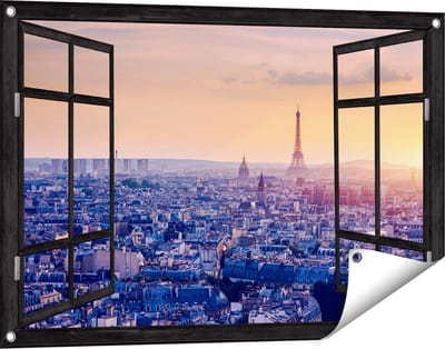 Gards Tuinposter Doorkijk Skyline van Parijs tijdens Zonsondergang - 90x60 cm - Tuindoek - Tuindecoratie - Wanddecoratie buiten - Tuinschilderij