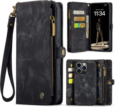 Geschikt Voor iPhone 16 Pro Hoesje - Solidenz Wallet Case 16 Pro - Telefoonhoesje 16 Pro - 16 Pro Case Met Pasjeshouder - Met Ritsvak - Met Polskoord - Portemonee Hoes - Zwart