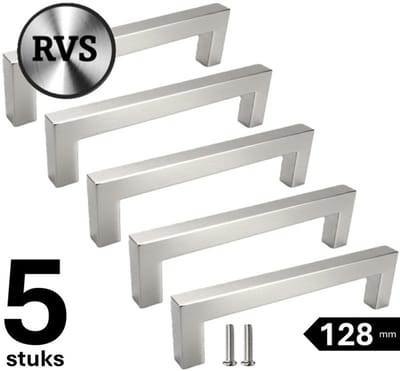 5 X MSQDESIGN Handgrepen RVS - Boormaat 128mm - zilvere Handgreep voor Keuken & Kast - Moderne RVS Meubelgreep - Keukengreep RVS zilver -Kastgrepen- zilvere RVS Greepjes Keuken - RVS Handvatten - Deurgreepjes -incl schroeven