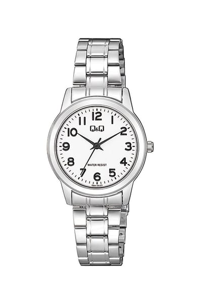 Q&Q Q66A-001PY - Horloge - Analoog - Dames - Vrouwen - stalen band - Rond - Metaal - Cijfers - Zilverkleurig - Wit - 3 ATM