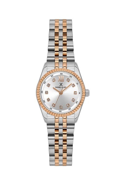 Daniel Klein DK.1.13925-6 - Horloge - Polshorloge - Analoog - Vrouwen - Dames - Stalen band - Rond - Metaal - Romeinse Cijfer - Cijfers - Kleine Briljanten Vierkantjes - Zilverkleurig - Rosékleurig