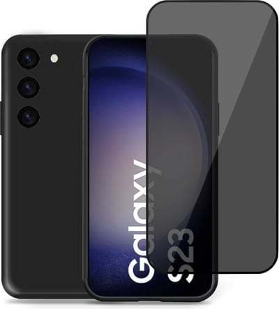 Hoesje geschikt voor Samsung S23 + Privacy Screenprotector – Privé Gehard Glas Cover - Suède Case Zwart