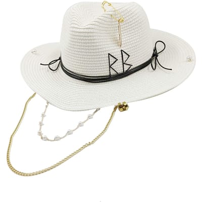 Chapeau de paille à design épingle style européen et américain pour femme, avec lettres ajourées, chapeau de soleil mode, chapeau pare-soleil à chaîne métallique 56-58cm