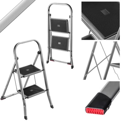 KADAX Vouwladder van staal, trapladder met draagvermogen tot 150 kg, ladder met klapbeveiliging, leuning met antislip treden (2 treden)