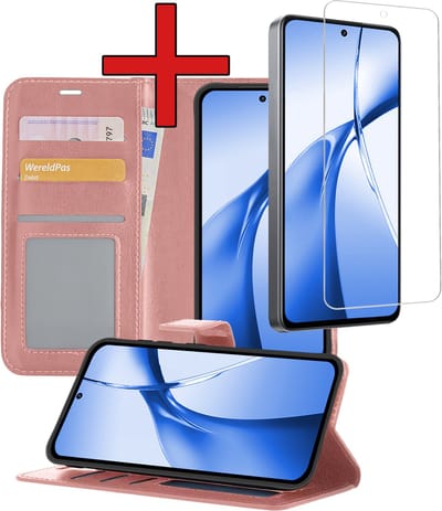 Hoesje - Met Screenprotector - Geschikt voor OnePlus Nord CE4 - Luxe Pasjeshouder - Flipcase - Bookcase Portemonee - Flip Case - Kunstleer Book Case - Book Cover - Walletcase - Portemonneehoes - Telefoonhoes - Rosé goud