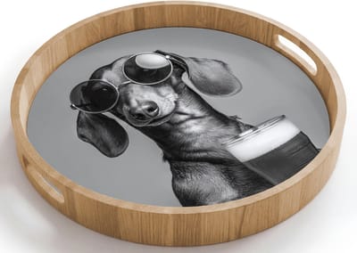 Dienblad rond 40x40 cm - Schootdienblad hout - Teckel - Bier - Glas - Bril - Borrelplank rechthoek - Plateau houten dienbladen