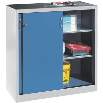 C + P gereedschapskast met schuifdeuren Acurado, B 1200 x D 500 x H 1200 mm, draagvermogen per legplank 70 kg, staal, lichtgrijs/geniaanblauw