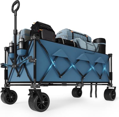 Opvouwbare Bolderkar 132cm - 350L Strandwagen met Rem & Bekerhouders - 210 kg Draagvermogen - All‑Terrain Strandkar voor Camping, Tuin & Vakantie - Zwart - Blauw