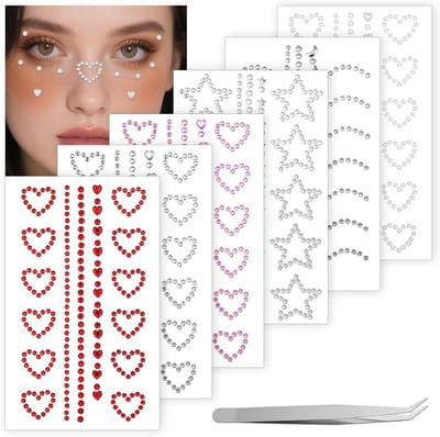 6 Bladen Zelfklevende 3D Gezichtsjuwelen in Ster, Hart en Maanvorm voor Oogmake-up en DIY Decoratie