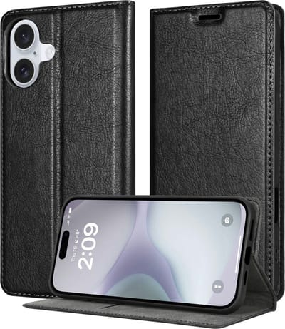 Cadorabo Hoesje geschikt voor Apple iPhone 16 PLUS in ZWARTE NACHT - Beschermhoes met magnetische sluiting, standfunctie en kaartvakje Book Case Cover Etui
