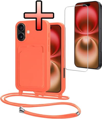 Hoes Geschikt voor iPhone 16 Plus Hoesje Pasjeshouder Cover Met Koord Case Siliconen Hoes Met Telefoonkoord en Kaarthouder Met Screenprotector - Papaya