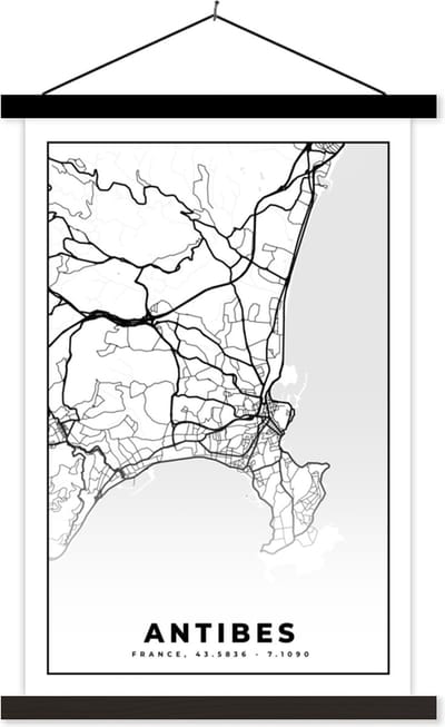 Posterhanger incl. Poster 40x60 cm - Schoolplaat - Kaart - Plattegrond - Antibes - Frankrijk - Stadskaart - Zwart wit - Textielposter - Zwarte latten - Stadskaart