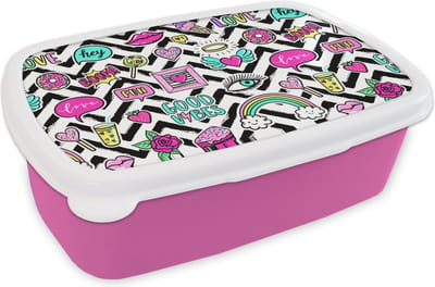 Broodtrommel Roze - Lunchbox - Brooddoos - Patronen - Vector - Sticker - Jaren 80 - 18x12x6 cm - Kinderen - Meisje