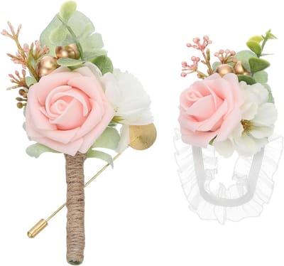 Pols Corsage Set - Bruiloft Accessoires - Feestelijke Decoratie - Met Strass Steentjes - 7x7 cm - Lichtroze