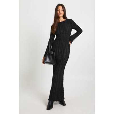 boohoo Dames Getextureerde maxi-jurk met uitlopende mouwen | Zwart | Maat: 38