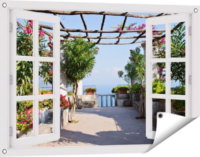 Gards Tuinposter Doorkijk Terras - 90x60 cm - Tuindoek - Tuindecoratie - Wanddecoratie buiten - Tuinschilderij