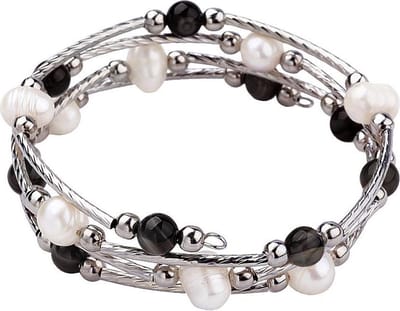 Zoetwaterparel wikkelarmband met edelstenen Wrap Pearl Black Striped Agate - echte parels - agaat - wit - zwart- zilver - sieraden zakje