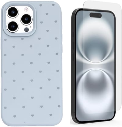 Hoesje en Glas Geschikt voor iPhone 15 Pro - Blauw - Casemania Stevige Siliconen Back Cover met Hartjes Print - 1x Glazen Screenprotector