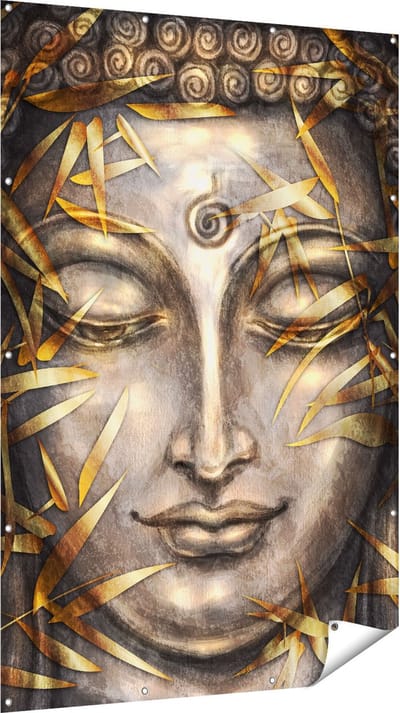 Gards Tuinposter Boeddha Beeld met Gouden Bladeren - 120x180 cm - Tuindoek - Tuindecoratie - Wanddecoratie buiten - Tuinschilderij