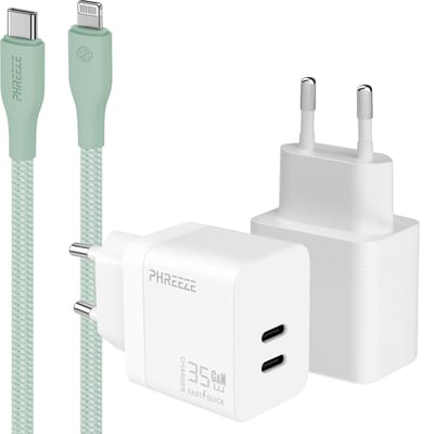 Snellader usb C oplader - Power Delivery GaN adapter met 2 usb C poorten - Geschikt voor iPhone 14 t/m 11 en iPad met Lightning kabel - Dubbele usb C oplader voor telefoon en tablet