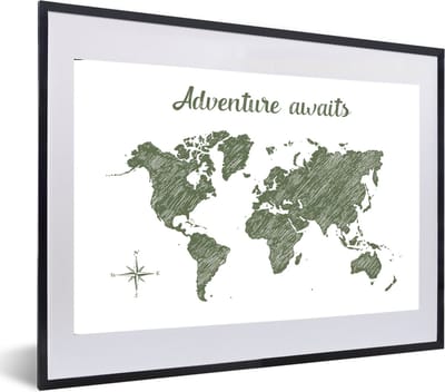 Poster in lijst - Fotolijst 60x40 cm - Posters - Wereldkaart - Groen - Quote - Posterlijst zwart - Decoratie - Wanddecoratie woonkamer - Muurdecoratie slaapkamer