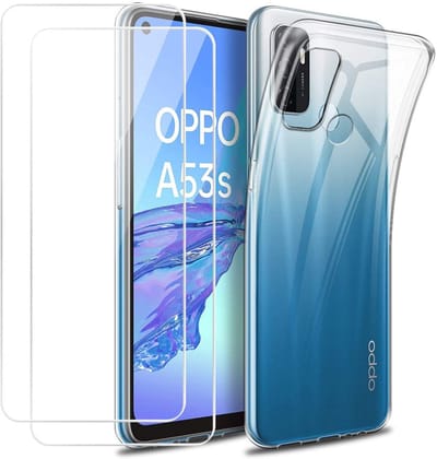 Hoesje Ultraslank geschikt voor Oppo a53 / a53s backcover siliconen Transparant en 2 stuks ScreenProtector Gehard Glas