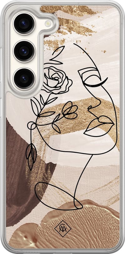 Casimoda® hoesje - Geschikt voor Samsung Galaxy S23 - Abstract Gezicht Bruin - 2-in-1 case - Schokbestendig - Geometrisch patroon - Verhoogde randen - Bruin/beige, Transparant